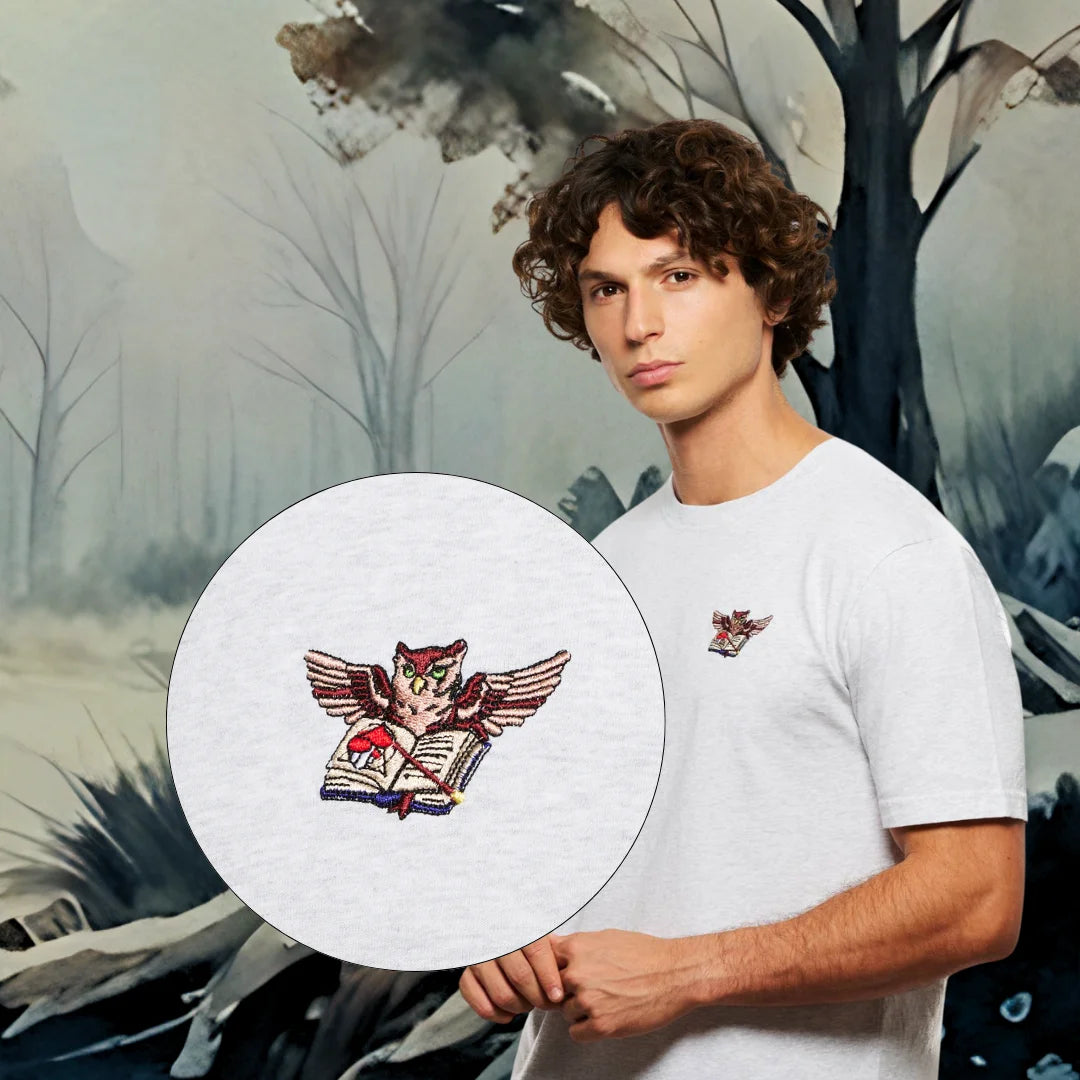 Tshirt original gris clair pour homme avec broderie hibou, photo de couverture
