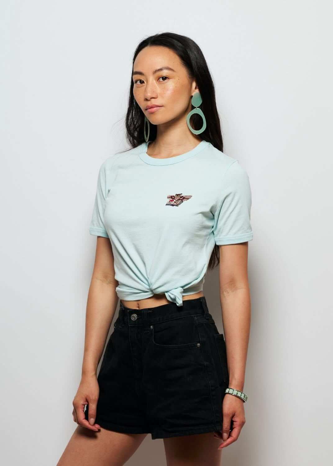 Tee shirt fantaisie vert pour femme avec broderie hibou, photo noeud