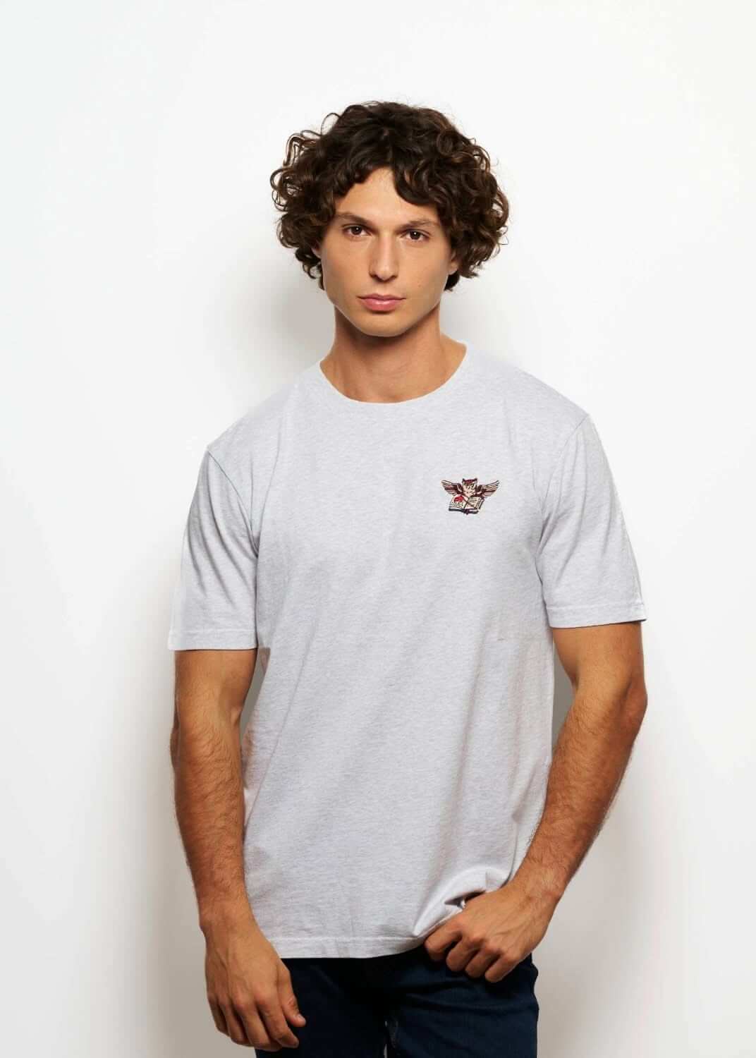 Tee shirt original gris clair pour homme avec broderie hibou, photo de face