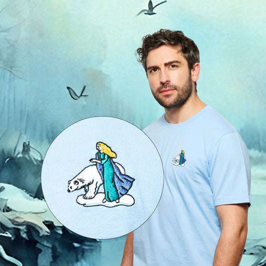 T shirt original brode bleu ciel pour homme avec broderie ours polaire, couverture