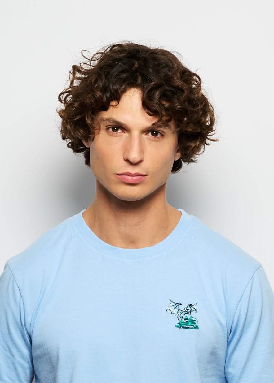 Tee shirt original brode bleu pour homme avec broderie dragon, photo de tete