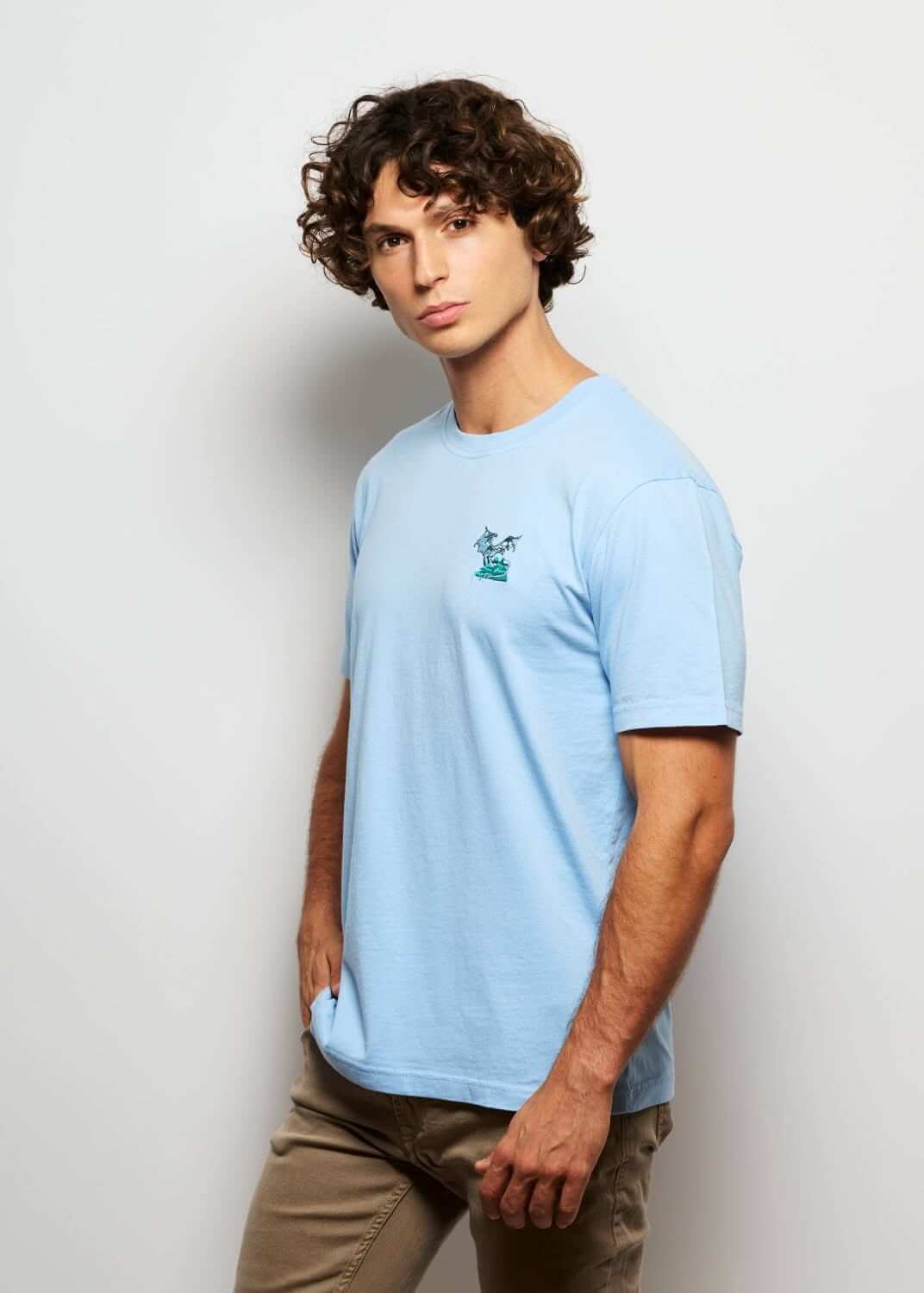 T shirt fantasy brode bleu pour homme avec broderie dragon, photo de profil