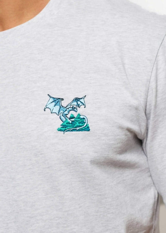 tee shirt brode fantaisie gris blanc et vert avec broderie de dragon