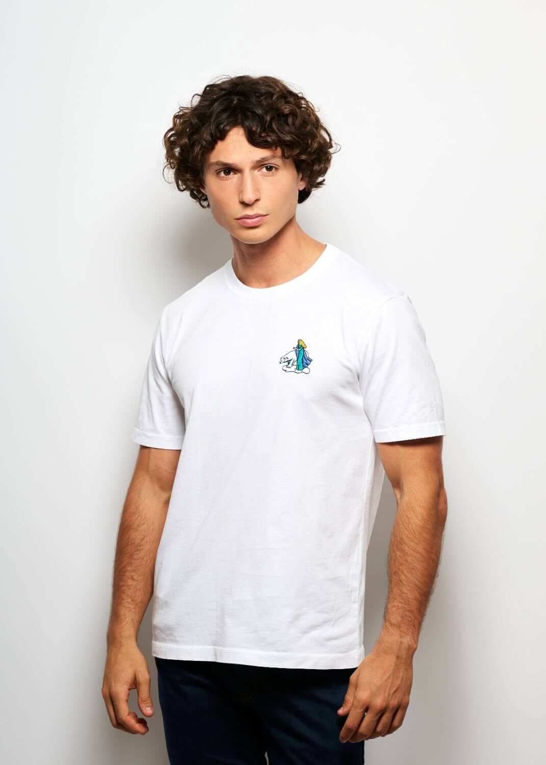 Tshirt original brode blanc pour homme avec broderie ours polaire, photo de face