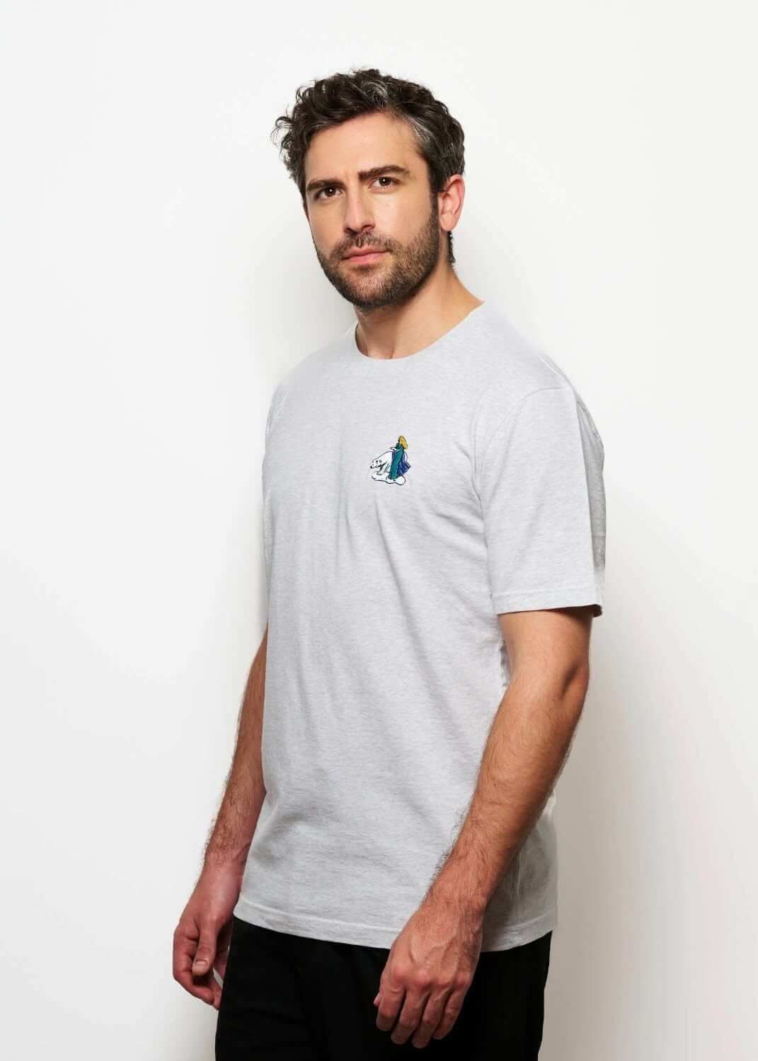 Tee shirt original brode gris pour homme avec broderie ours polaire, photo de profil